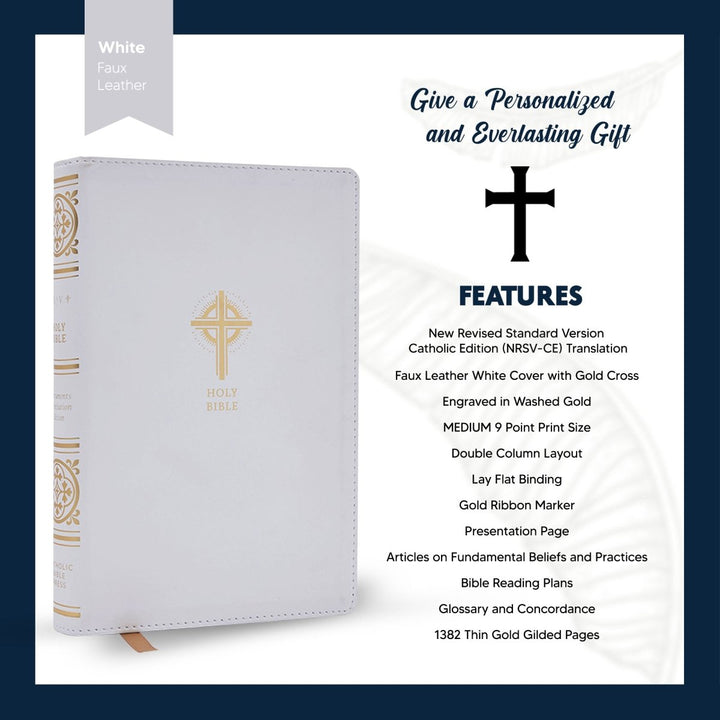 NRSV White Faux Leather Custom Holy Bible Medium Print Catholic Edition - Shepherds Shelf