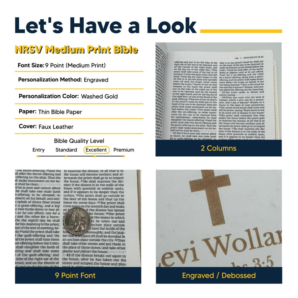 NRSV White Faux Leather Custom Holy Bible Medium Print Catholic Edition - Shepherds Shelf