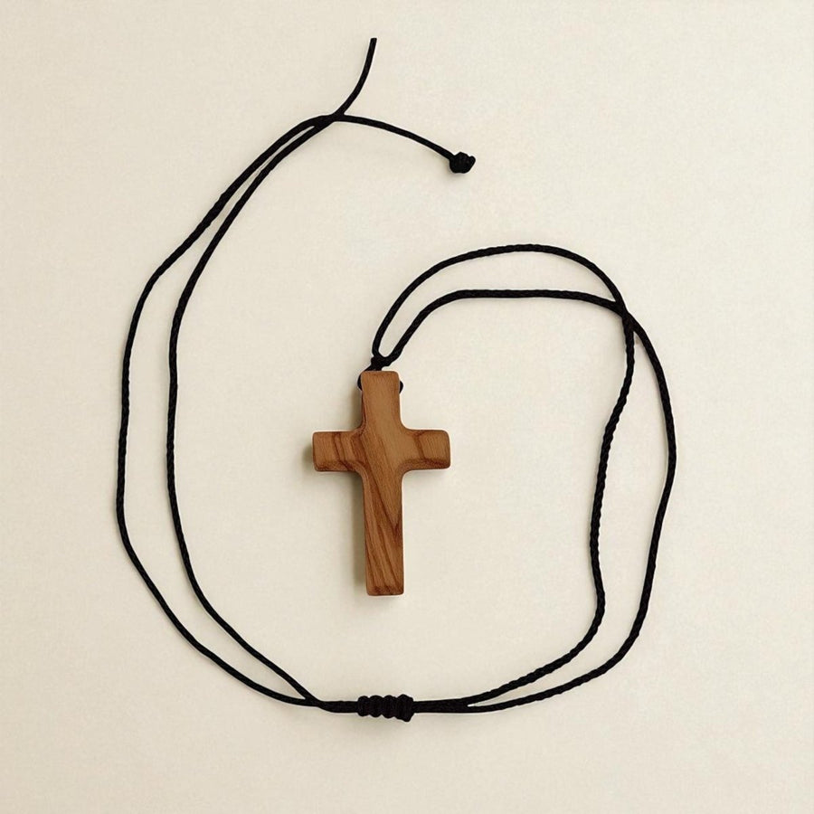 Olive Wood Cross Pendant Necklace with Adjustable Rope | Small | Light Brown - Shepherds Shelf