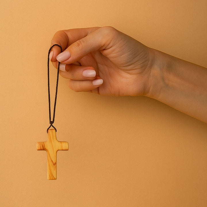 Olive Wood Cross Pendant Necklace with Adjustable Rope | Small | Light Brown - Shepherds Shelf