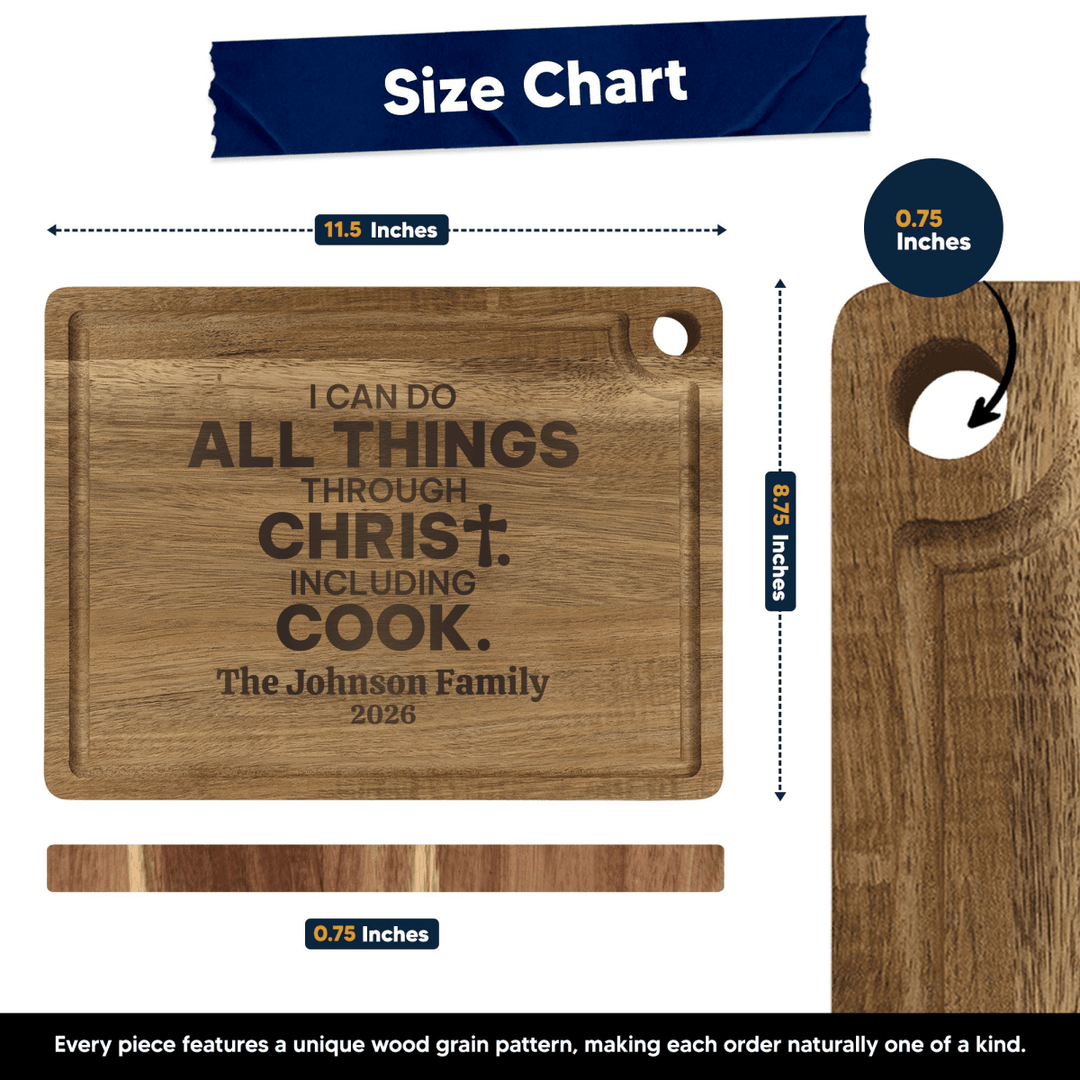 Personalized All Things Through Christ Including Cook Cutting Board | Prep and Chop Wood Board with Drip Ring - Shepherds Shelf