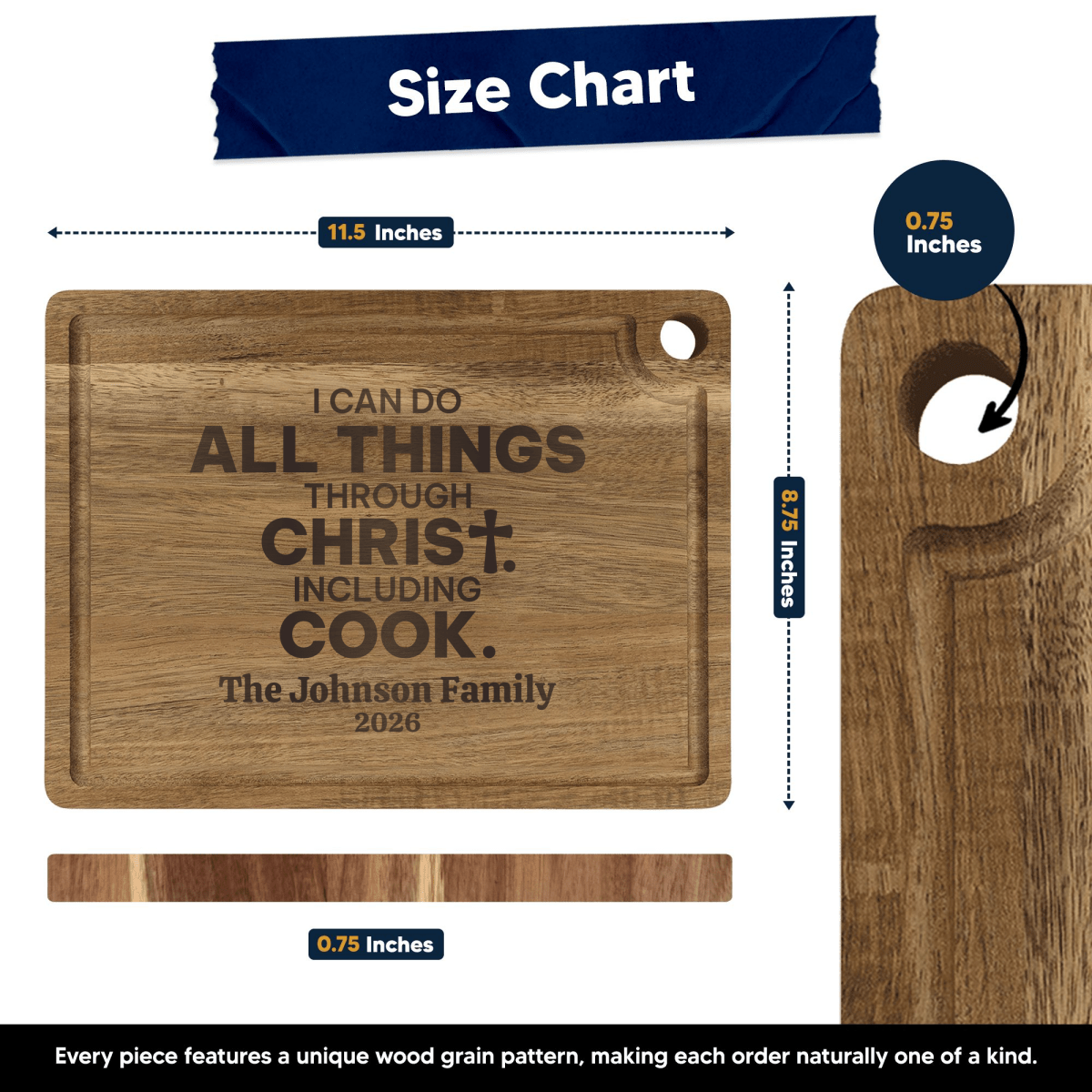 Personalized All Things Through Christ Including Cook Cutting Board | Prep and Chop Wood Board with Drip Ring - Shepherds Shelf