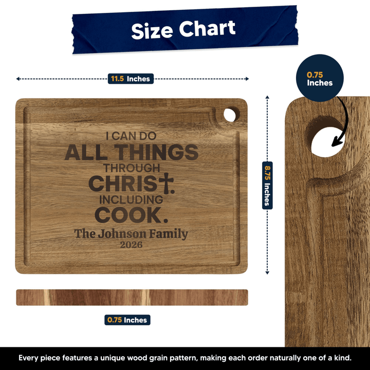 Personalized All Things Through Christ Including Cook Cutting Board | Prep and Chop Wood Board with Drip Ring - Shepherds Shelf