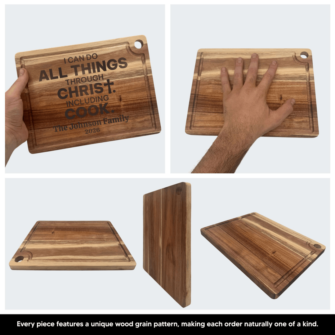 Personalized All Things Through Christ Including Cook Cutting Board | Prep and Chop Wood Board with Drip Ring - Shepherds Shelf