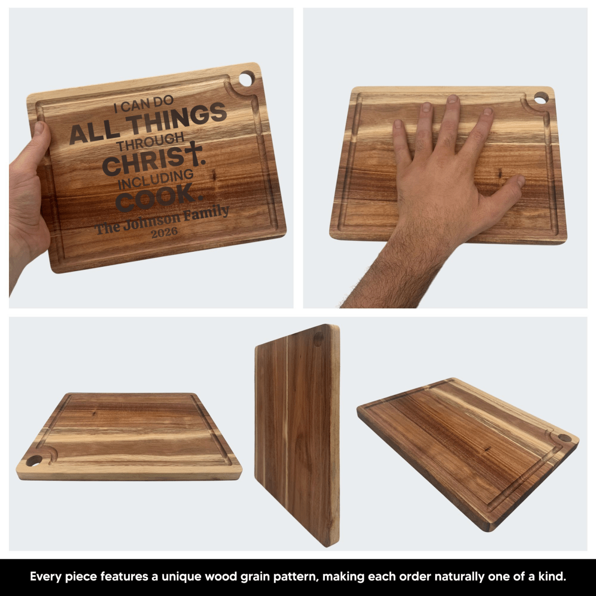 Personalized All Things Through Christ Including Cook Cutting Board | Prep and Chop Wood Board with Drip Ring - Shepherds Shelf