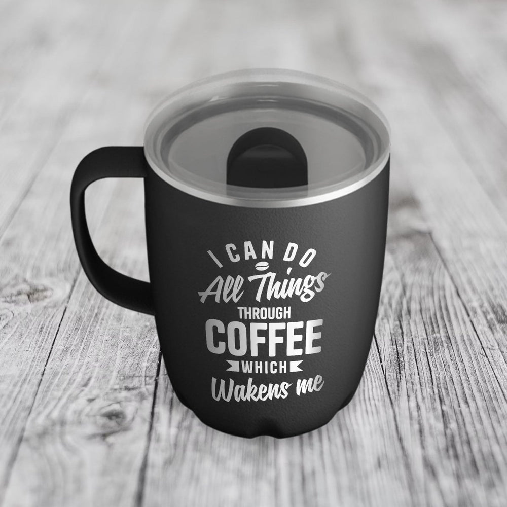 Personalized Black Coffee Mug All Things Through Coffee Funny Christian Tumbler with Sliding Lid 12 Oz | Shepherds Shelf - Shepherds Shelf