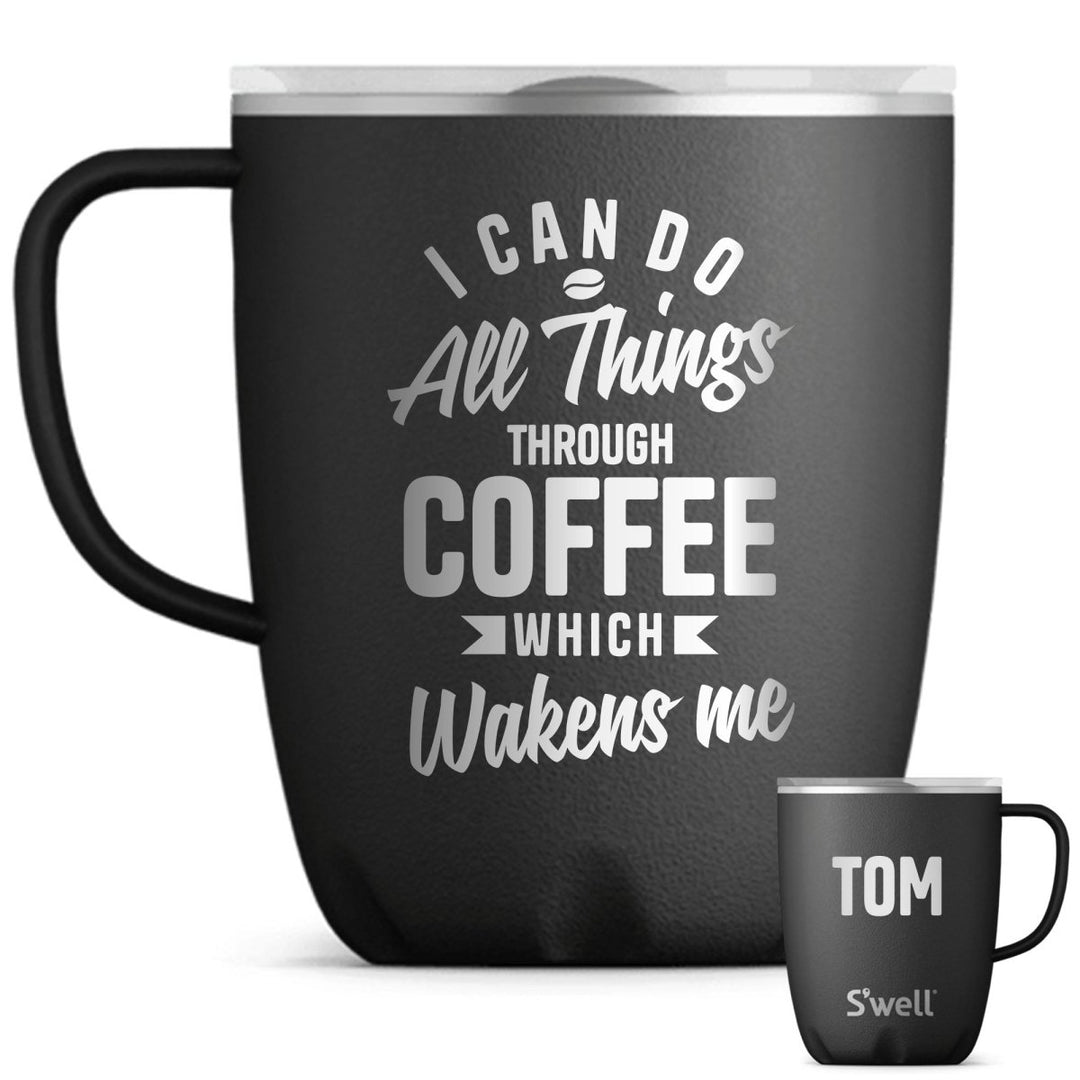 Personalized Black Coffee Mug All Things Through Coffee Funny Christian Tumbler with Sliding Lid 12 Oz | Shepherds Shelf - Shepherds Shelf