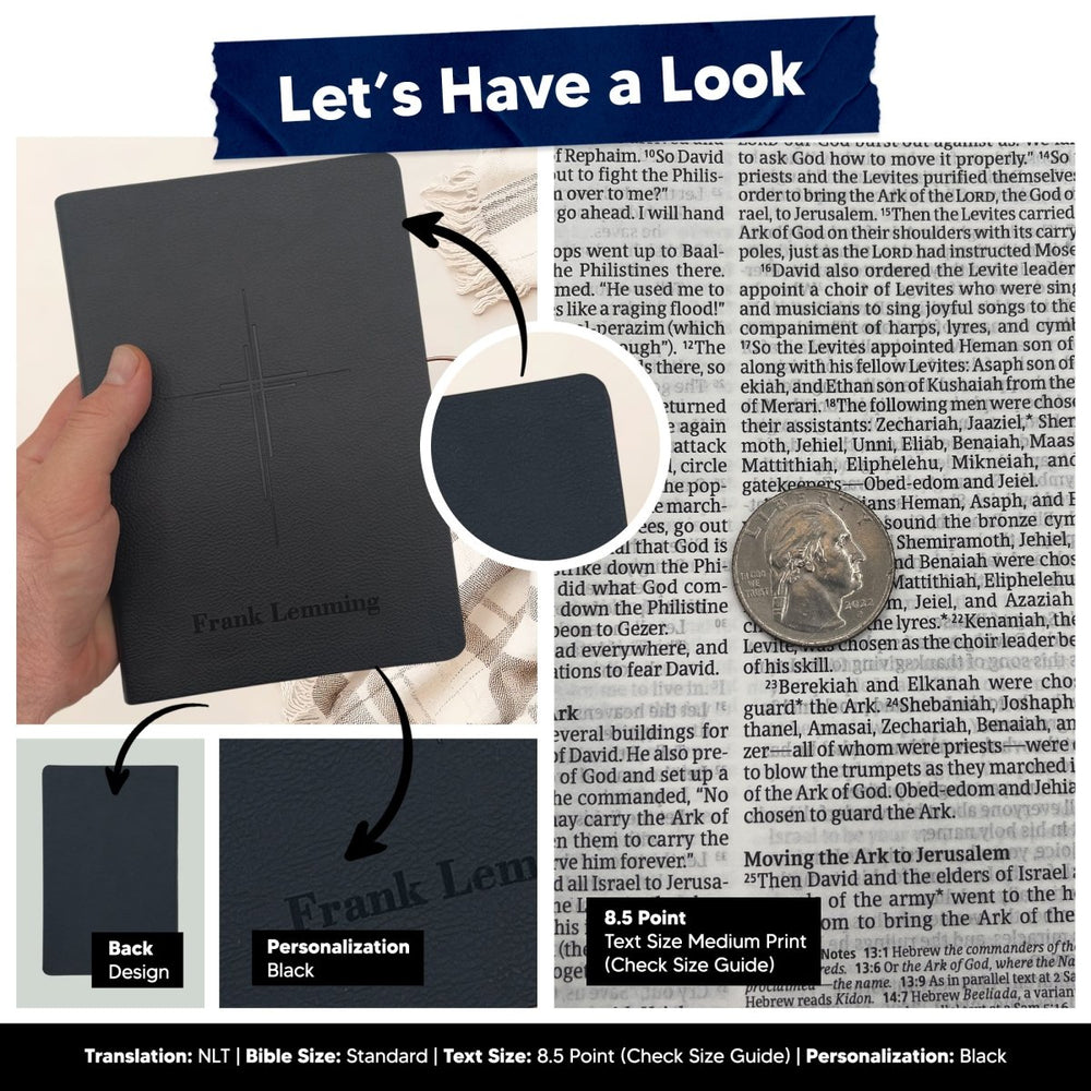 Personalized Black Cross NLT Holy Bible | Medium Print | Faux Leather - Shepherds Shelf