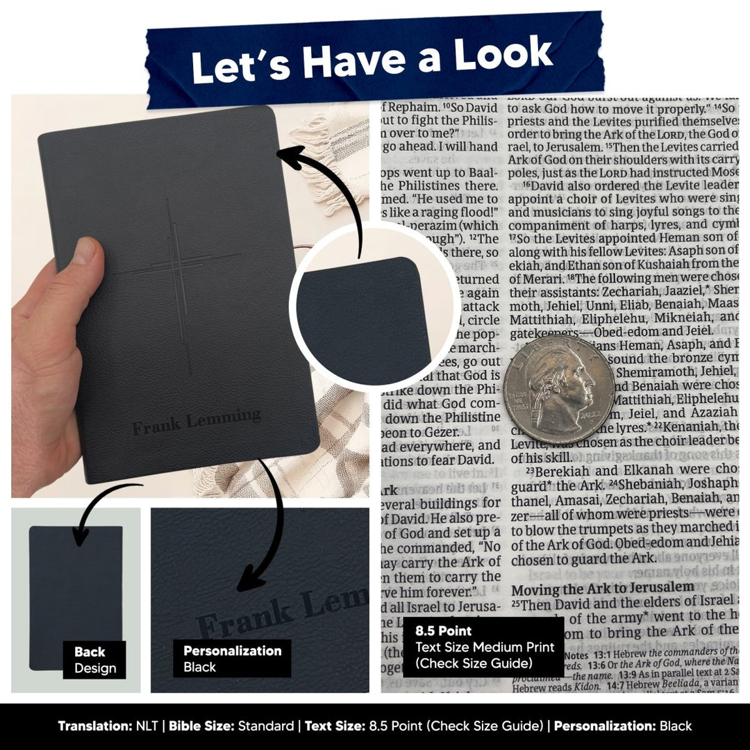 Personalized Black Cross NLT Holy Bible | Medium Print | Faux Leather - Shepherds Shelf