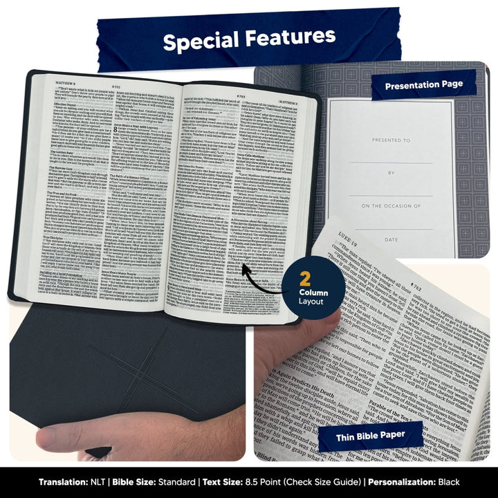 Personalized Black Cross NLT Holy Bible | Medium Print | Faux Leather - Shepherds Shelf