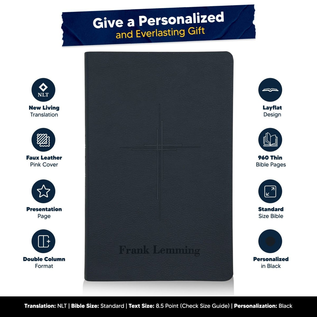 Personalized Black Cross NLT Holy Bible | Medium Print | Faux Leather - Shepherds Shelf