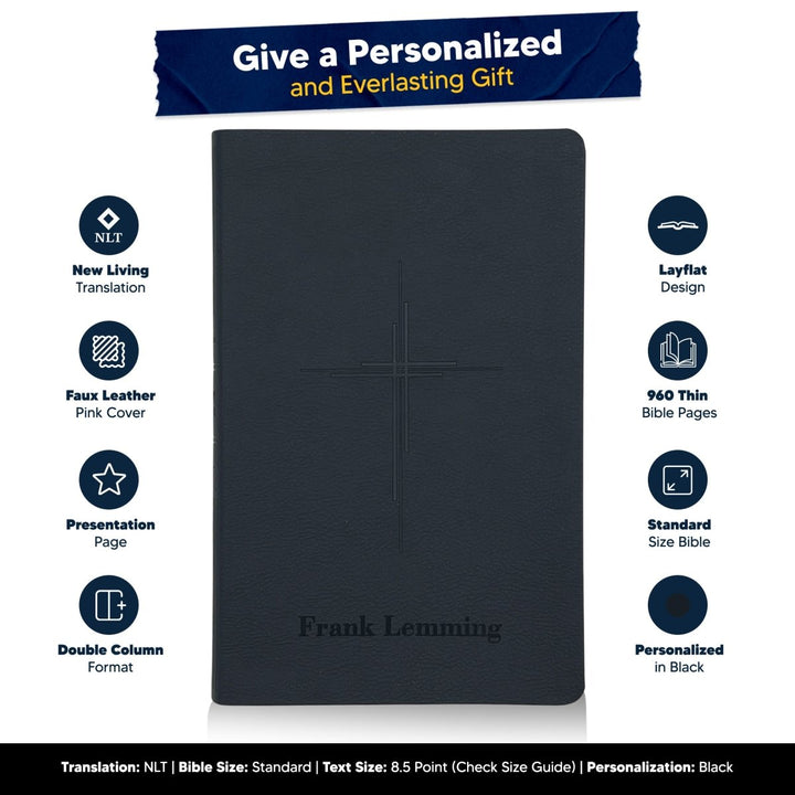 Personalized Black Cross NLT Holy Bible | Medium Print | Faux Leather - Shepherds Shelf