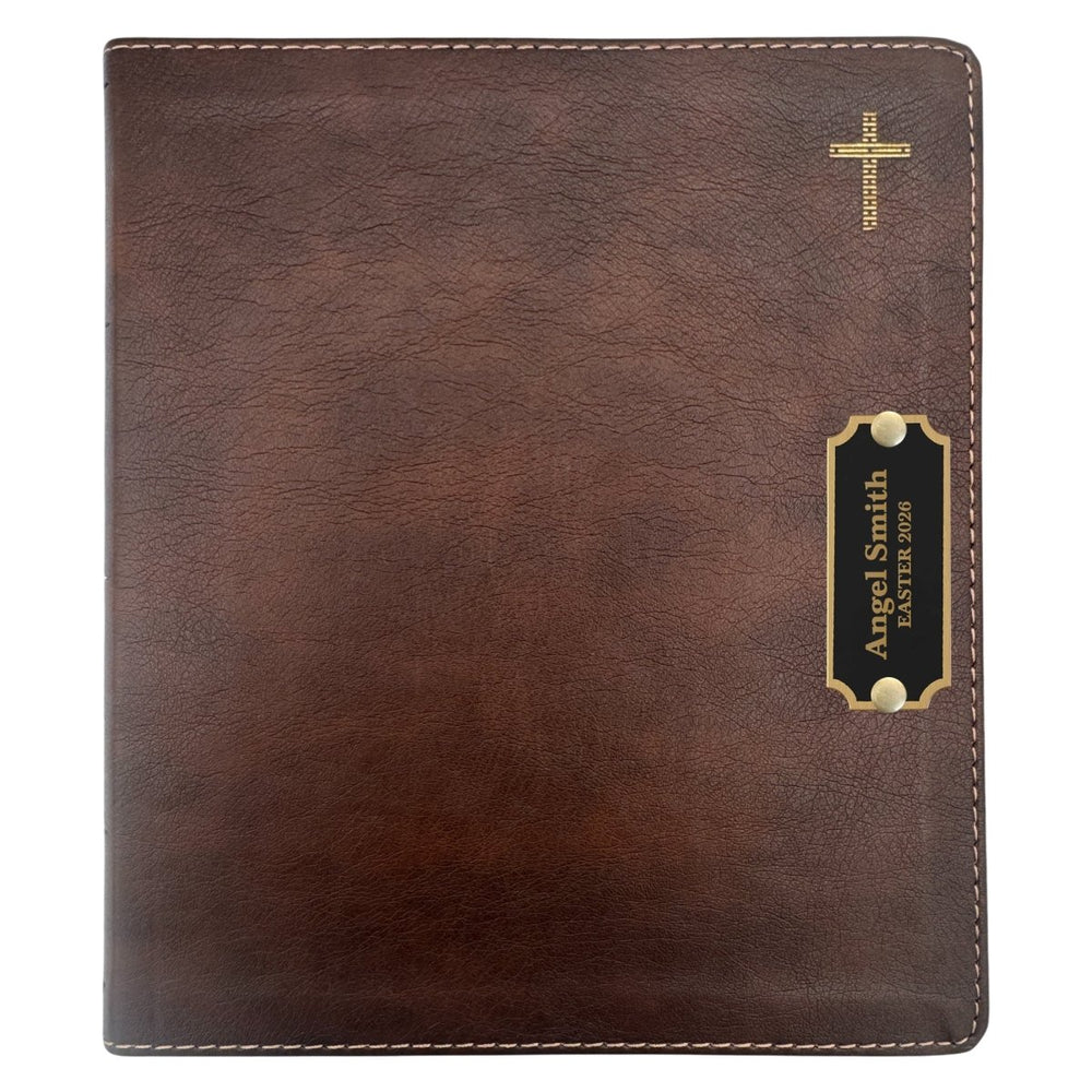 Personalized Brass Plated NIV Journaling Holy Bible | Medium Print | Brown