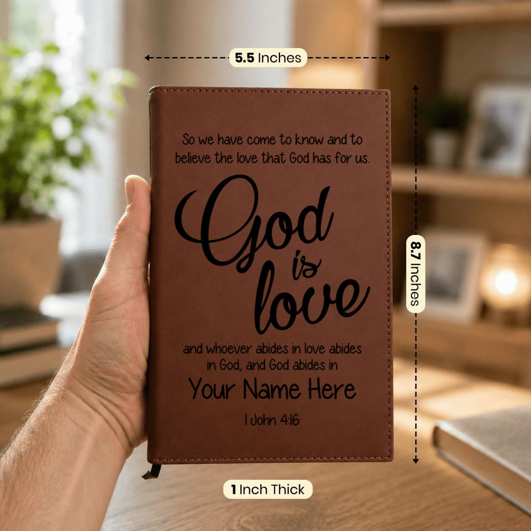 Personalized Brown Leatherette Journal Notebook | 1 John 4:16 - Shepherds Shelf
