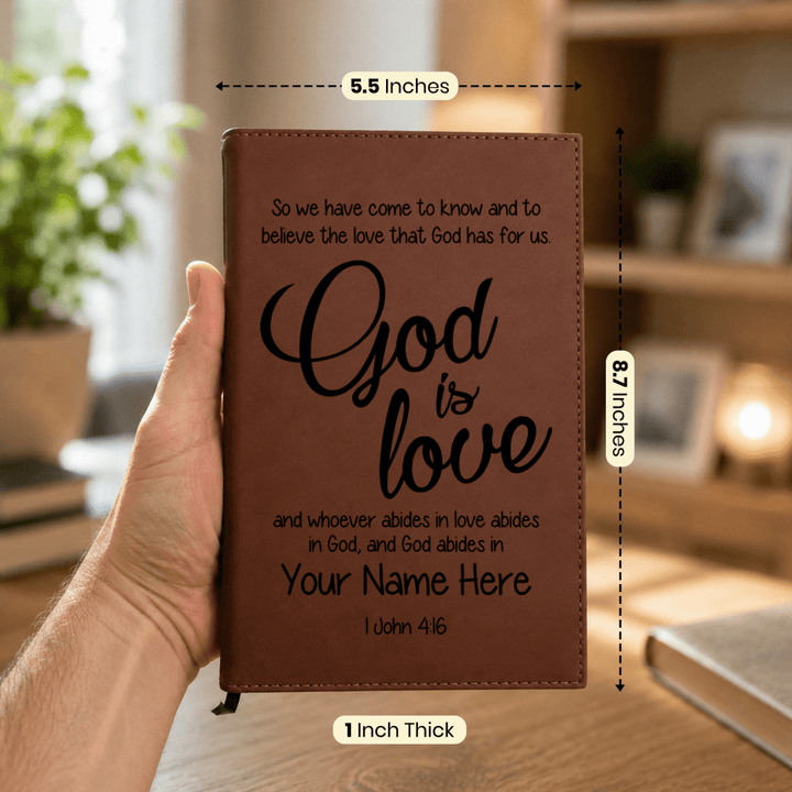 Personalized Brown Leatherette Journal Notebook | 1 John 4:16 - Shepherds Shelf