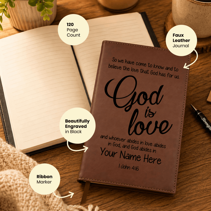 Personalized Brown Leatherette Journal Notebook | 1 John 4:16 - Shepherds Shelf