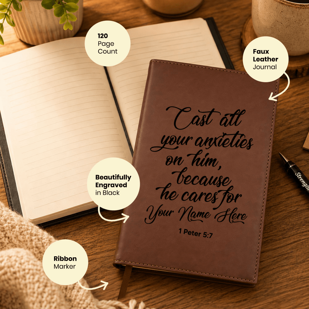 Personalized Brown Leatherette Journal Notebook | 1 Peter 5:7 - Shepherds Shelf