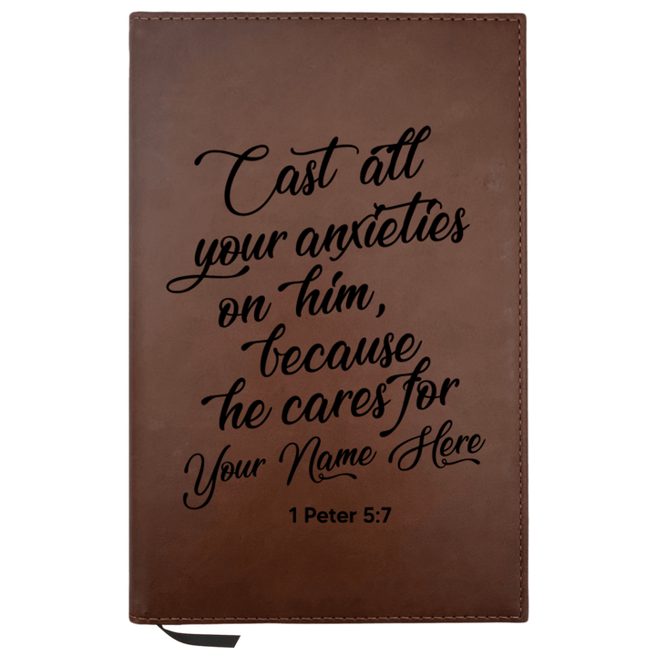 Personalized Brown Leatherette Journal Notebook | 1 Peter 5:7 - Shepherds Shelf