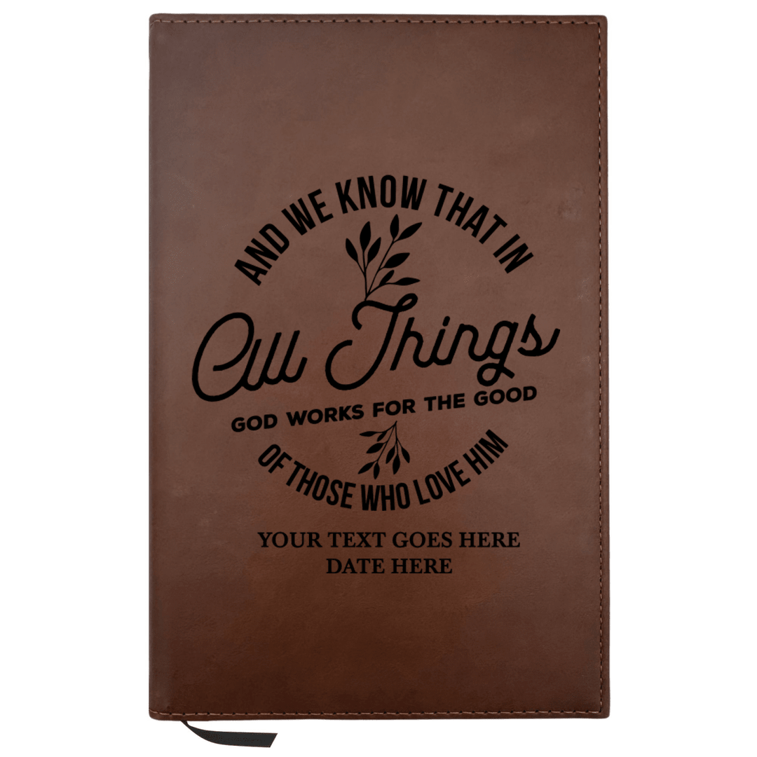 Personalized Brown Leatherette Journal Notebook | All Things God Works For Good - Shepherds Shelf