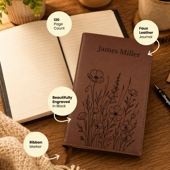 Personalized Brown Leatherette Journal Notebook | Bunch of Flowers - Shepherds Shelf