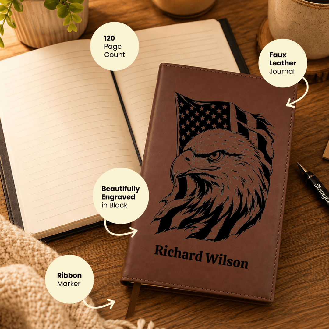 Personalized Brown Leatherette Journal Notebook | Fearless Eagle - Shepherds Shelf