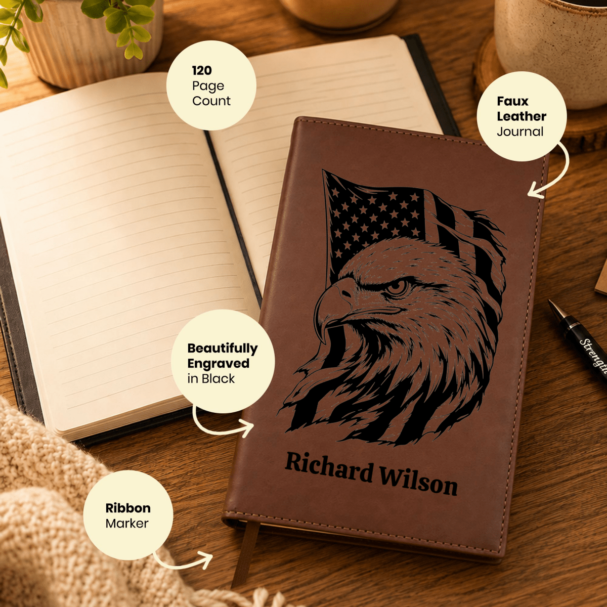 Personalized Brown Leatherette Journal Notebook | Fearless Eagle - Shepherds Shelf