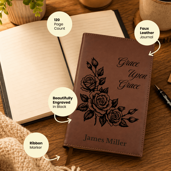 Personalized Brown Leatherette Journal Notebook | Framed Roses - Shepherds Shelf
