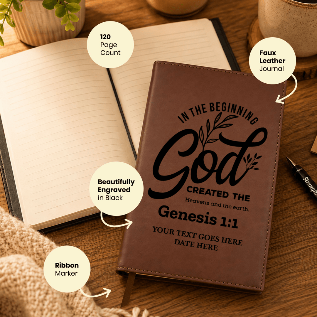 Personalized Brown Leatherette Journal Notebook | Genesis 1:1 - Shepherds Shelf