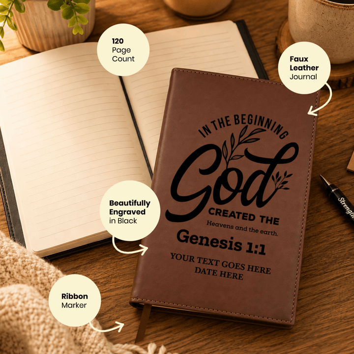Personalized Brown Leatherette Journal Notebook | Genesis 1:1 - Shepherds Shelf