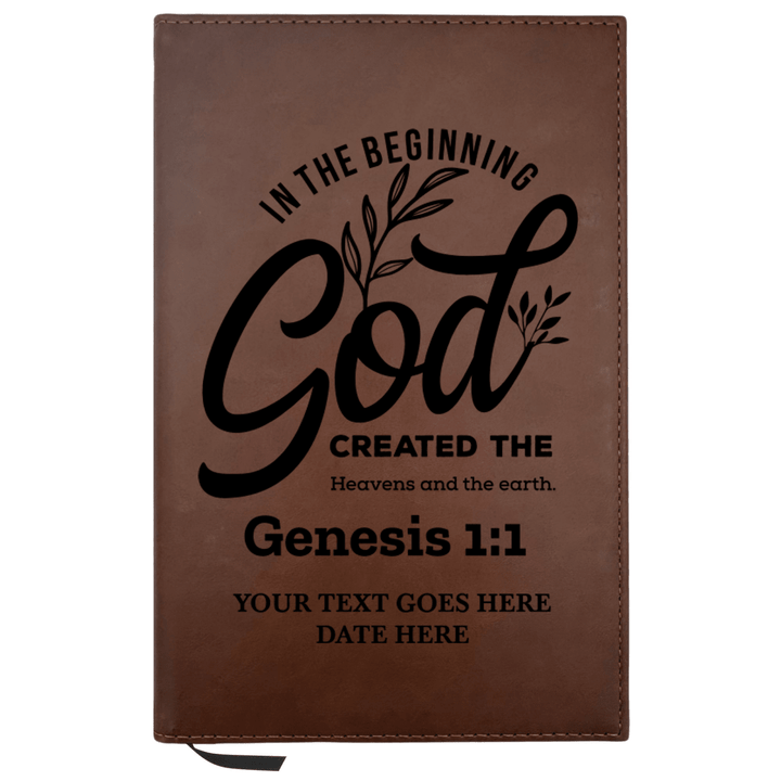 Personalized Brown Leatherette Journal Notebook | Genesis 1:1 - Shepherds Shelf