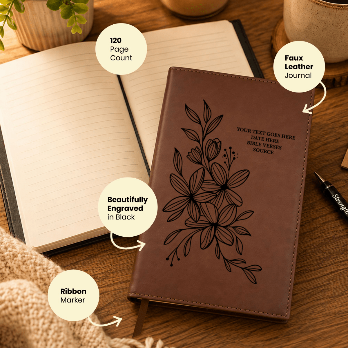 Personalized Brown Leatherette Journal Notebook | Hyacinth - Shepherds Shelf