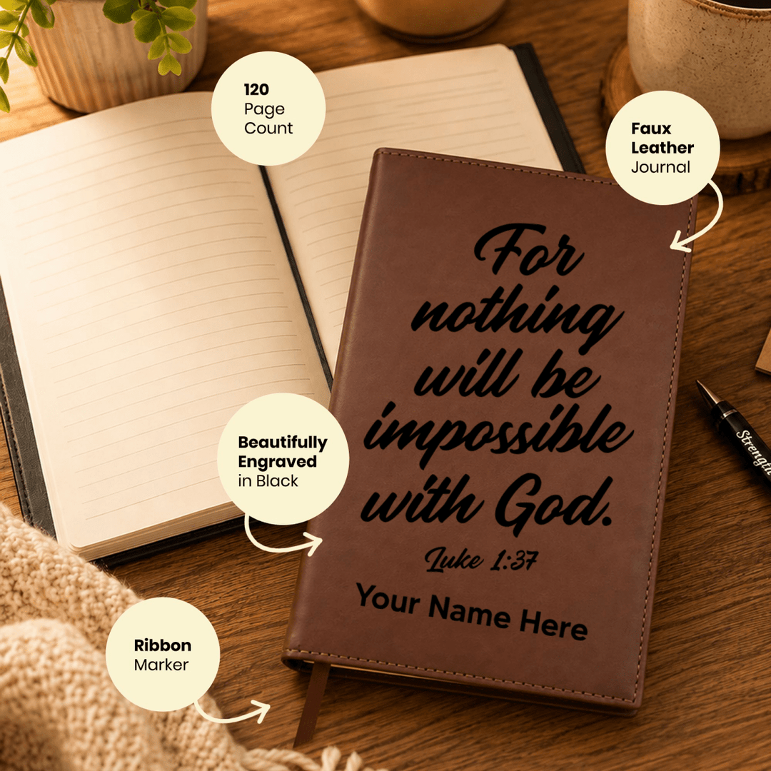 Personalized Brown Leatherette Journal Notebook | Luke 1:37 - Shepherds Shelf