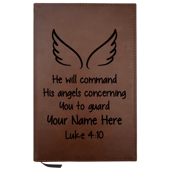 Personalized Brown Leatherette Journal Notebook | Luke 4:10 - Shepherds Shelf