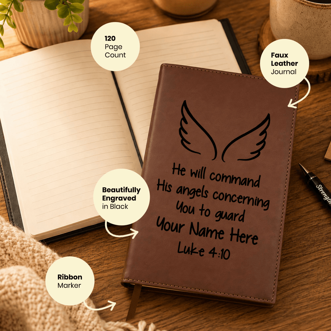 Personalized Brown Leatherette Journal Notebook | Luke 4:10 - Shepherds Shelf