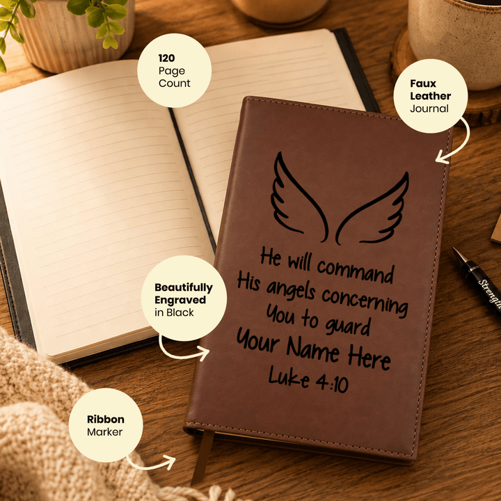 Personalized Brown Leatherette Journal Notebook | Luke 4:10 - Shepherds Shelf