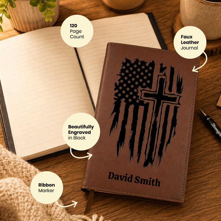 Personalized Brown Leatherette Journal Notebook | One Nation - Shepherds Shelf
