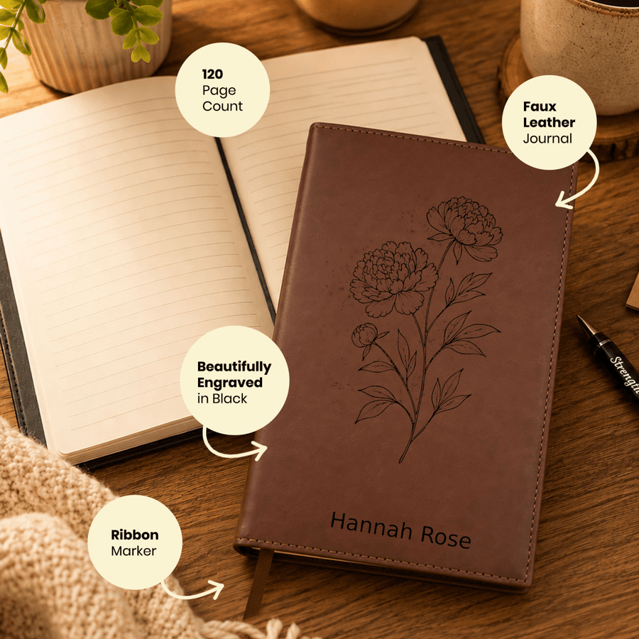 Personalized Leatherette Journal Notebook | Peony White Flower