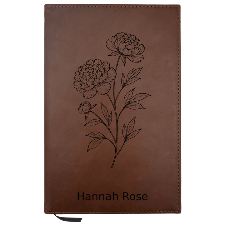 Personalized Brown Leatherette Journal Notebook | Peony White Flower - Shepherds Shelf