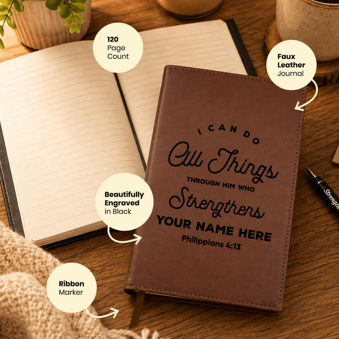 Personalized Brown Leatherette Journal Notebook | Philippians 4:13 II - Shepherds Shelf