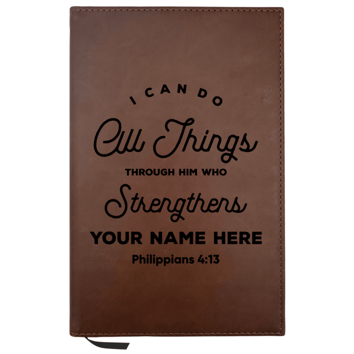 Personalized Brown Leatherette Journal Notebook | Philippians 4:13 II - Shepherds Shelf