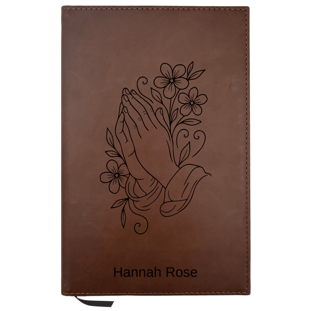 Personalized Brown Leatherette Journal Notebook | Praying Hand With Flowers - Shepherds Shelf