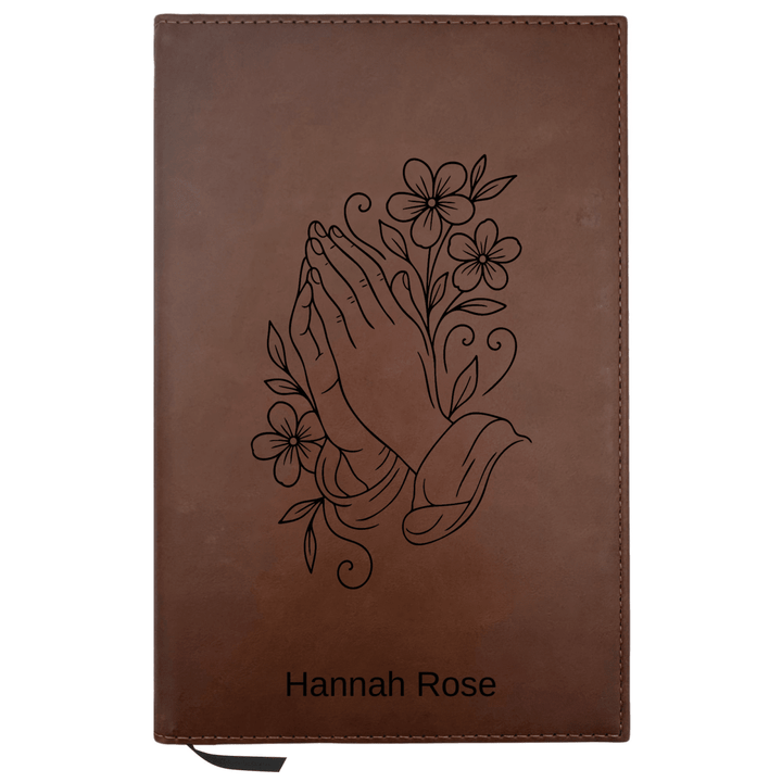 Personalized Brown Leatherette Journal Notebook | Praying Hand With Flowers - Shepherds Shelf