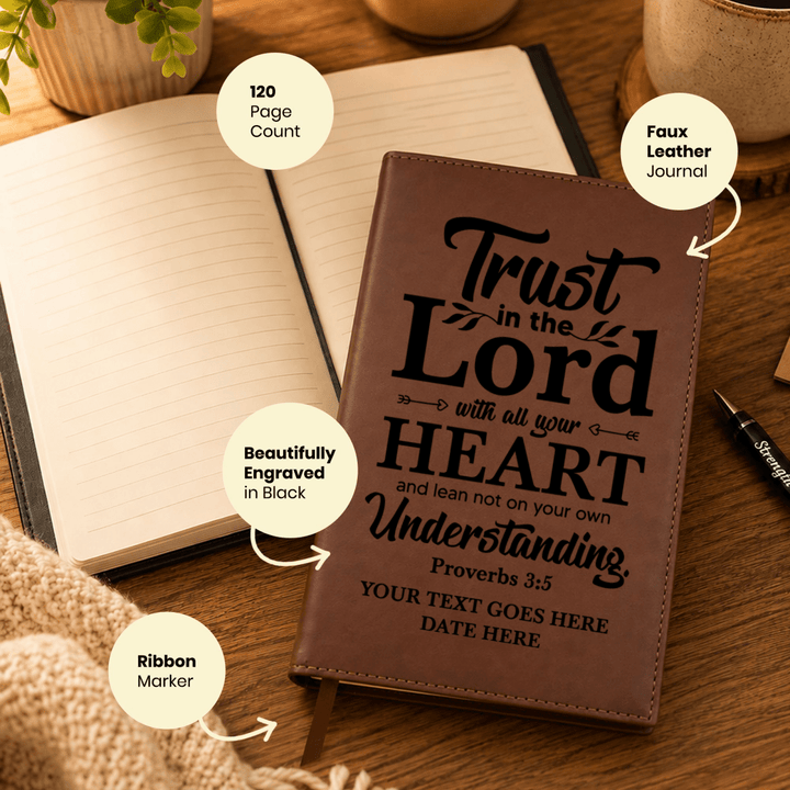 Personalized Brown Leatherette Journal Notebook | Proverbs 3:5 - Shepherds Shelf