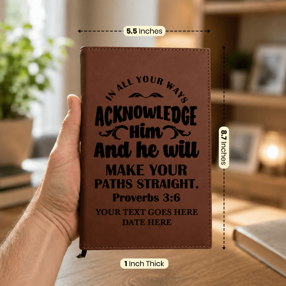 Personalized Brown Leatherette Journal Notebook | Proverbs 3:6 - Shepherds Shelf