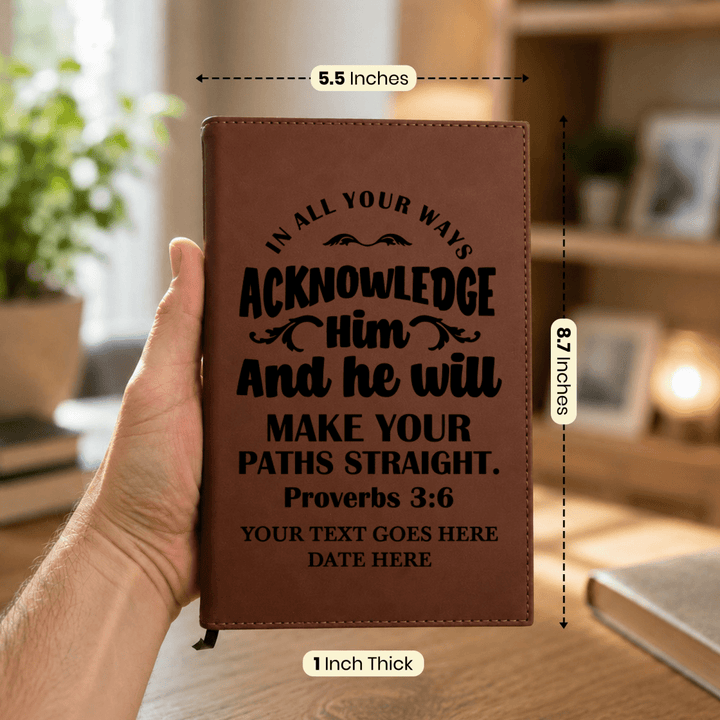 Personalized Brown Leatherette Journal Notebook | Proverbs 3:6 - Shepherds Shelf