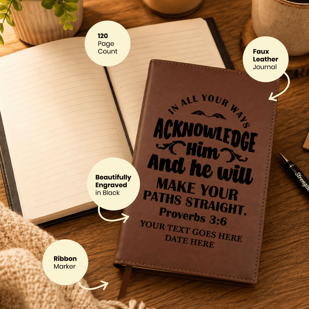 Personalized Brown Leatherette Journal Notebook | Proverbs 3:6 - Shepherds Shelf