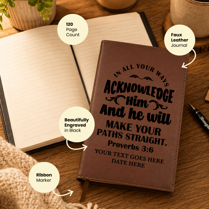 Personalized Brown Leatherette Journal Notebook | Proverbs 3:6 - Shepherds Shelf