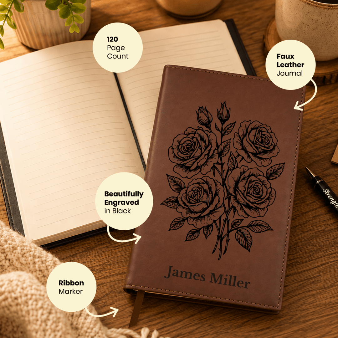 Personalized Brown Leatherette Journal Notebook | Roses - Shepherds Shelf