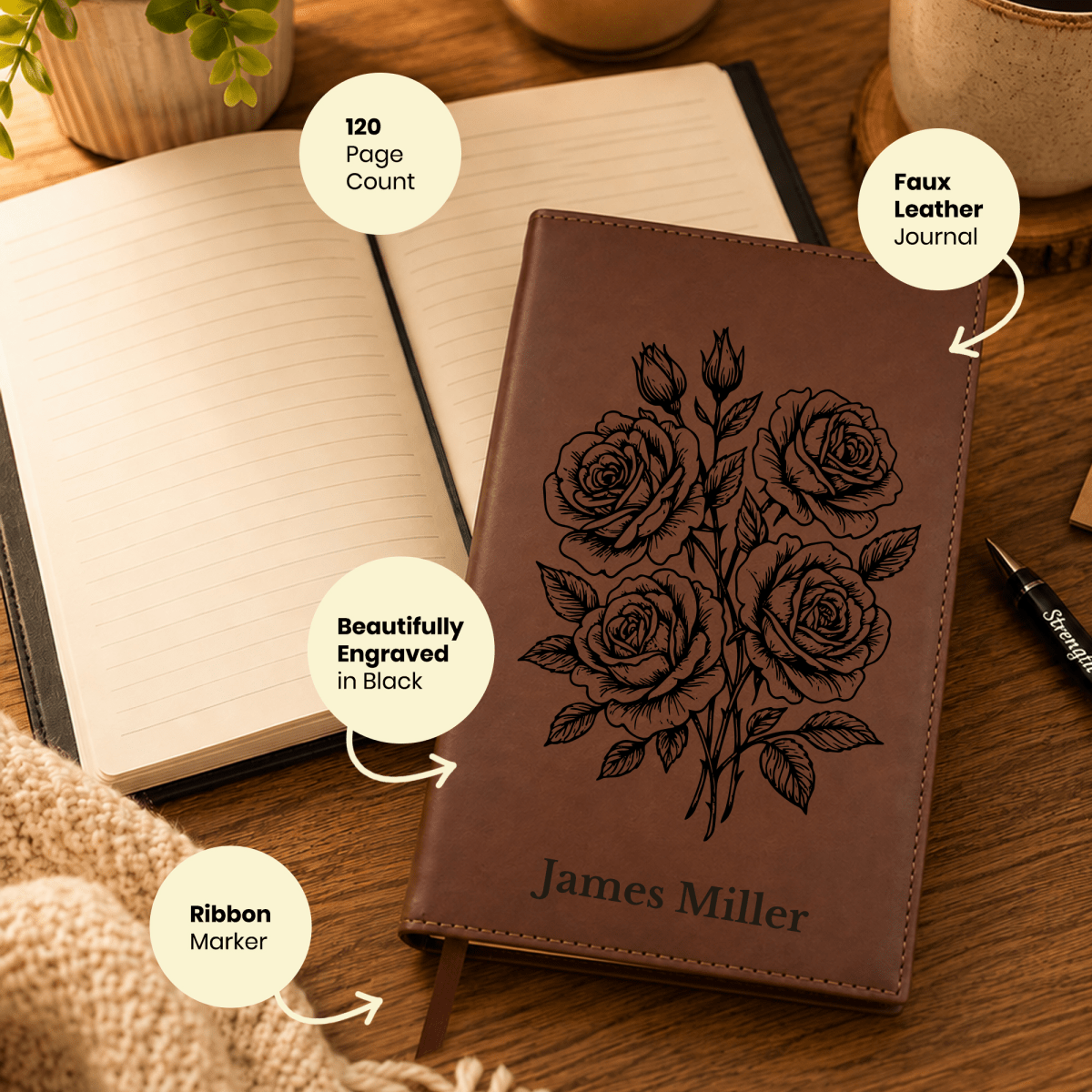 Personalized Brown Leatherette Journal Notebook | Roses - Shepherds Shelf