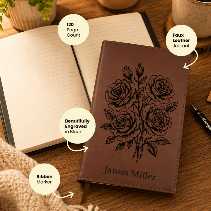 Personalized Brown Leatherette Journal Notebook | Roses - Shepherds Shelf